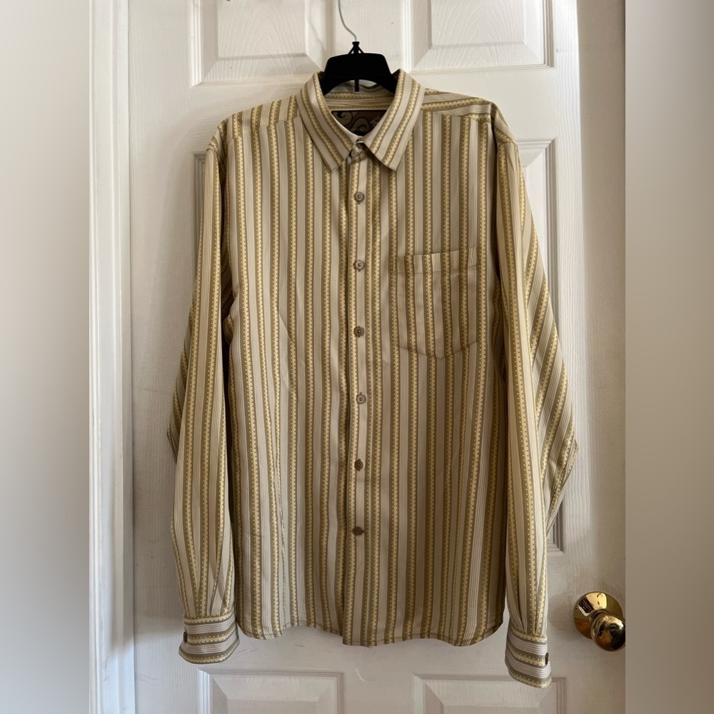 Men’s size large, brown/tan striped button down prana shirt